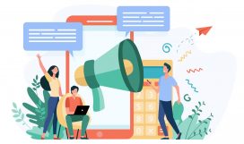 Bloggers advertising referrals Bloggers advertising referrals. Young people with gadgets and loudspeakers announcing news, attracting target audience. Vector illustration for marketing, promotion, communication concept